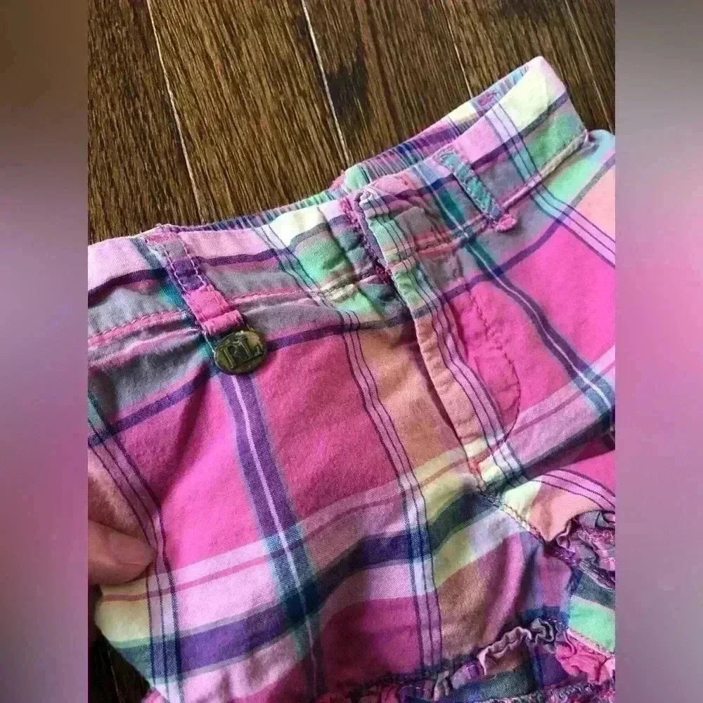 Ralph Lauren Girls 12M Pink/Blue Plaid Ruffled Hem Shorts - VGUC